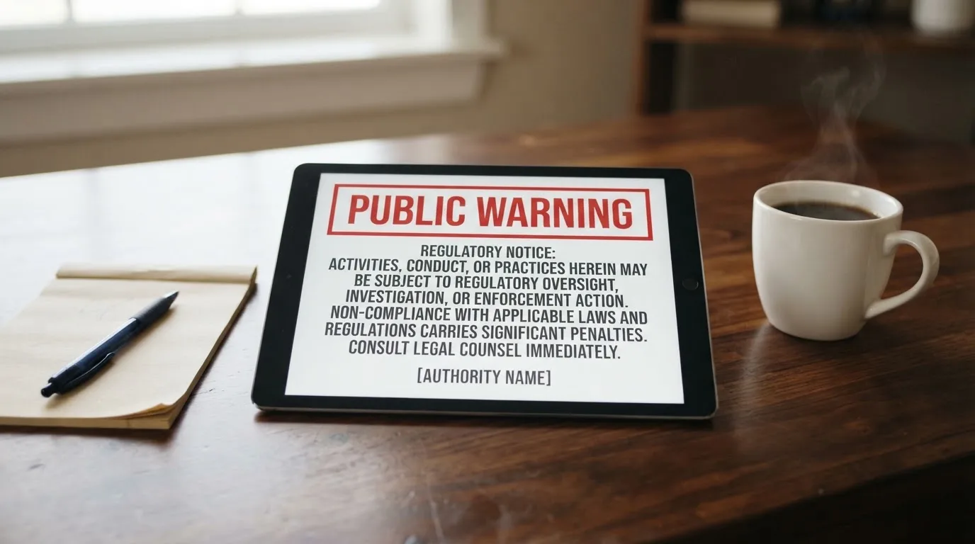 A tablet screen displaying an official regulator warning notice on a desk beside a coffee cup.
