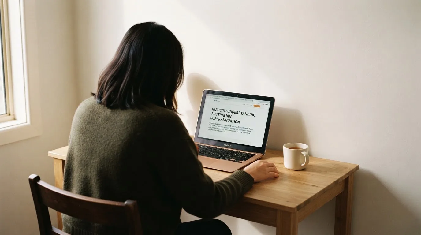 A person at a laptop reading a plain-language explainer article at a home desk.