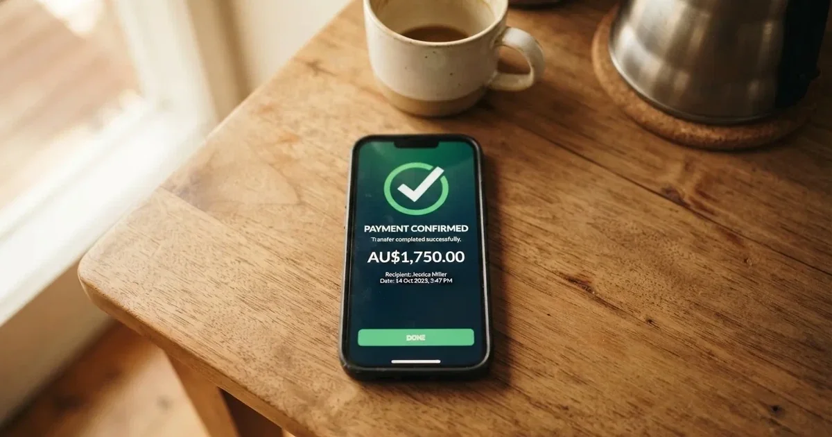A close-up of a banking app on a smartphone showing a same-day transfer confirmation on a kitchen table.