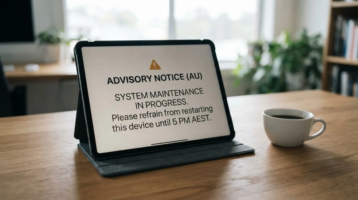 A tablet screen displaying an official regulator warning notice on a desk beside a coffee cup.