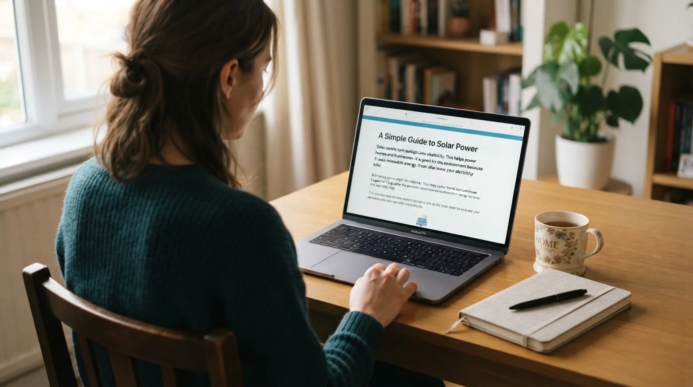 A person at a laptop reading a plain-language explainer article at a home desk.