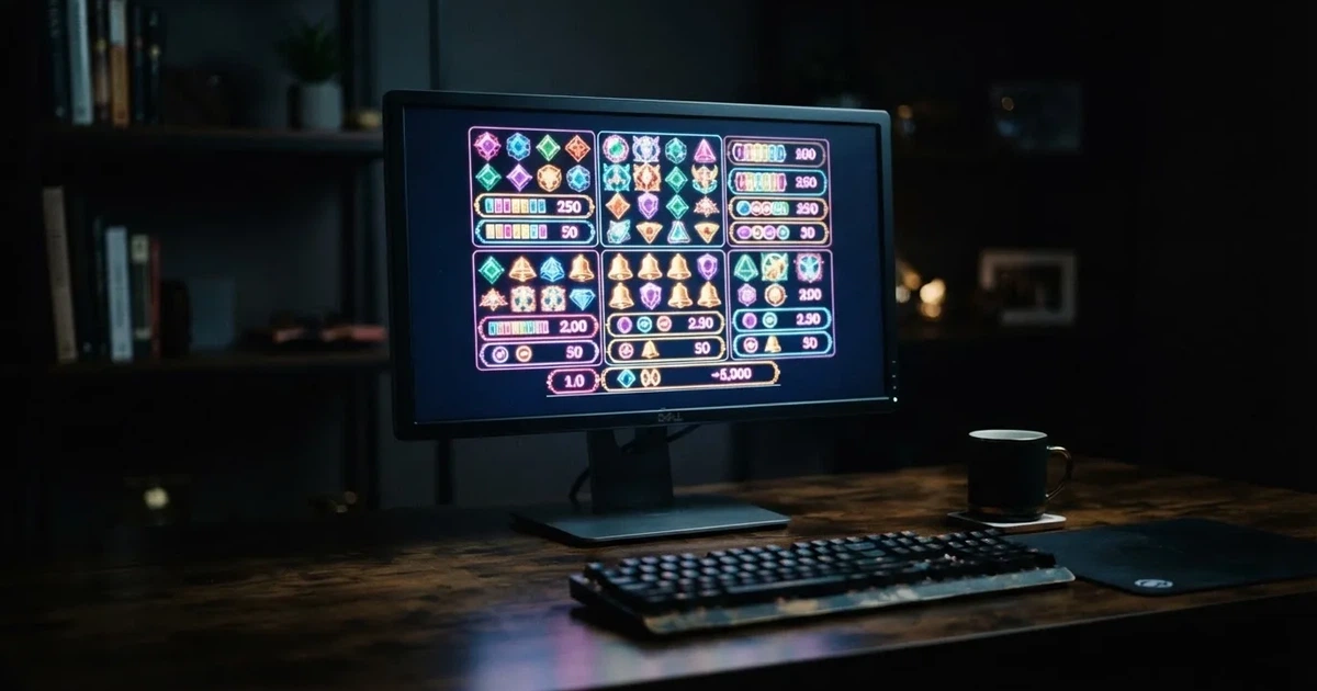 A slot machine's paytable screen glowing on a monitor in a dim room.