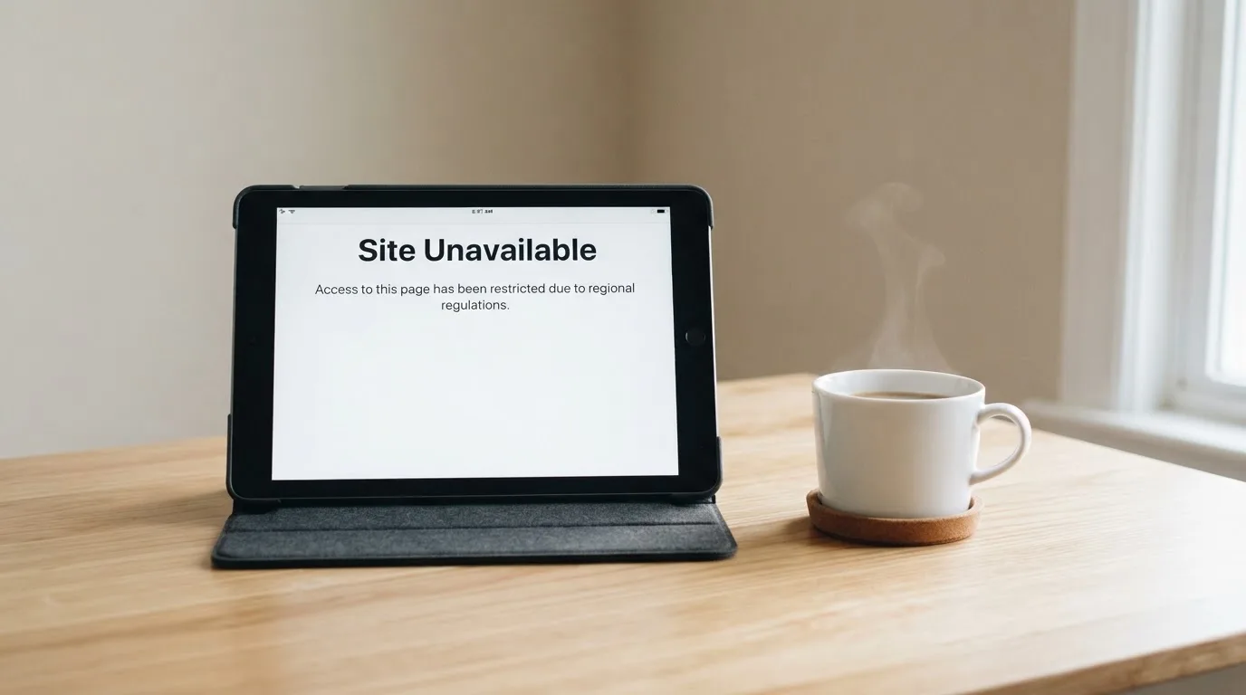A tablet screen displaying an official regulator warning notice on a desk beside a coffee cup.