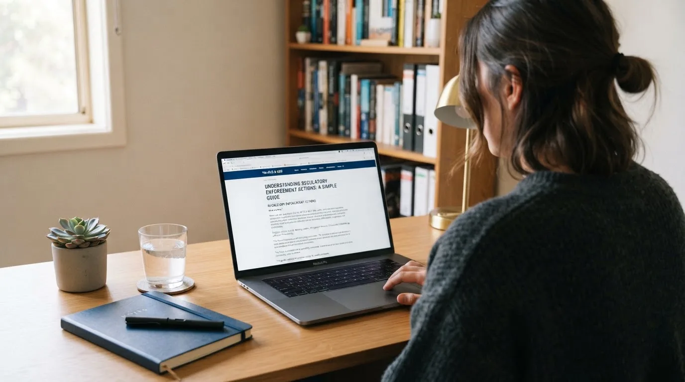 A person at a laptop reading a plain-language explainer article at a home desk.