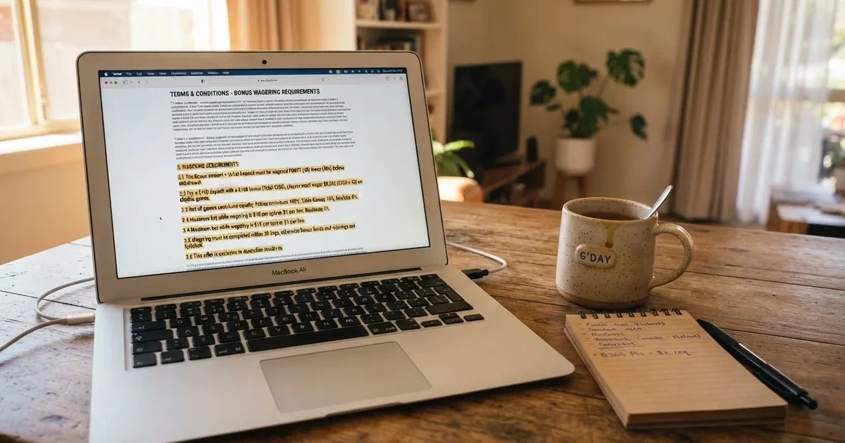 A laptop screen showing a terms-and-conditions page with wagering requirements highlighted.