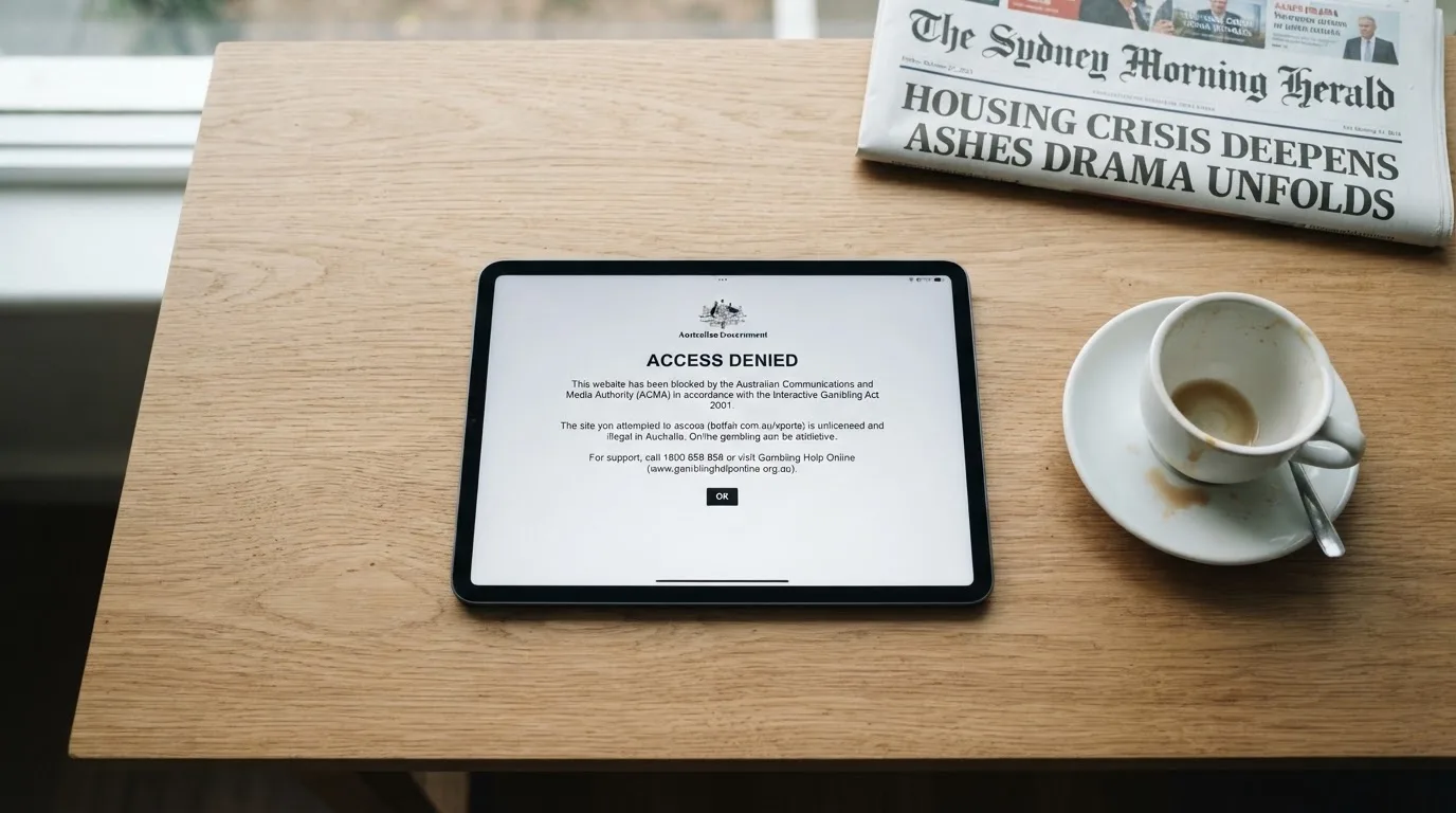 A tablet screen displaying an official regulator warning notice on a desk beside a coffee cup.
