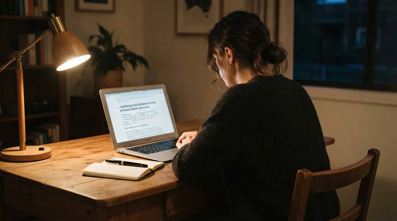 A person at a laptop reading a plain-language explainer article at a home desk.