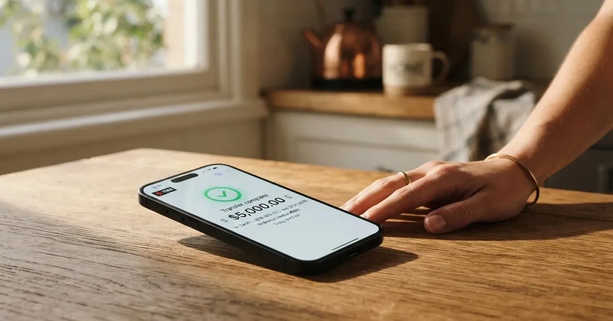 A close-up of a banking app on a smartphone showing a same-day transfer confirmation on a kitchen table.