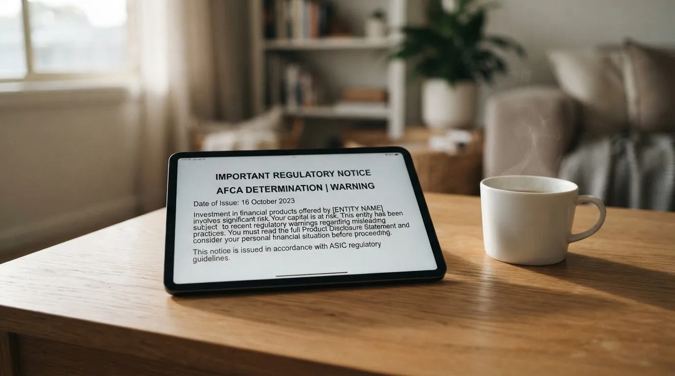 A tablet screen displaying an official regulator warning notice on a desk beside a coffee cup.