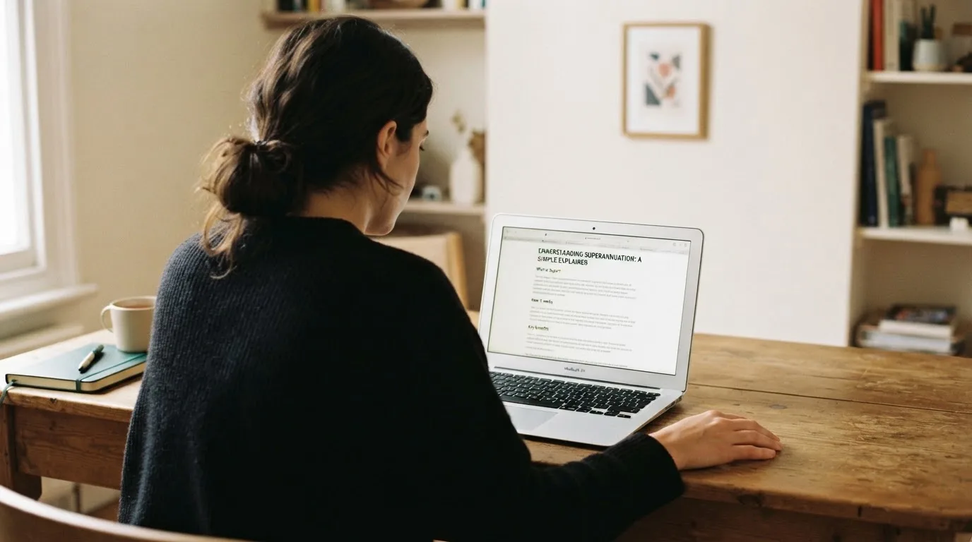 A person at a laptop reading a plain-language explainer article at a home desk.