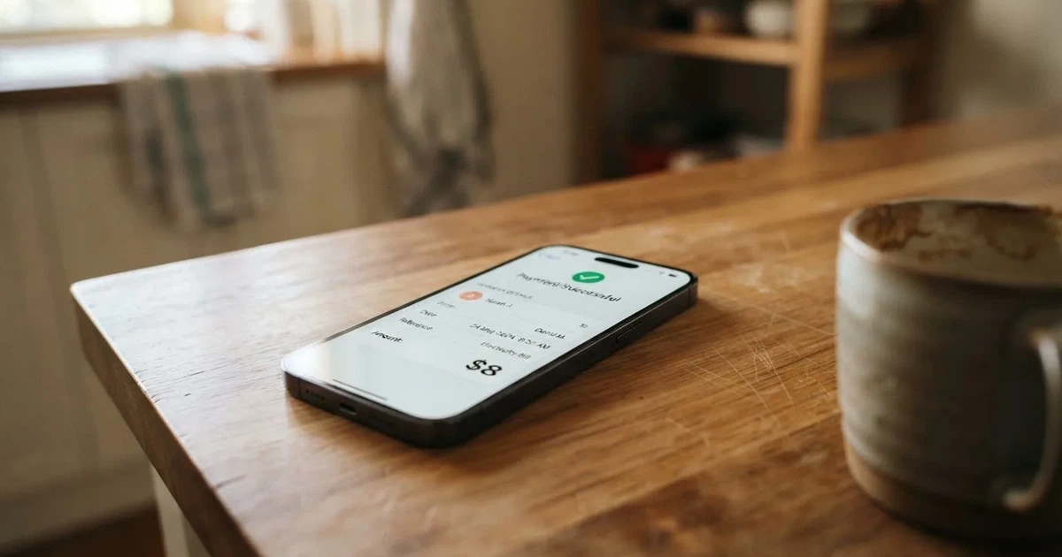 A close-up of a banking app on a smartphone showing a same-day transfer confirmation on a kitchen table.