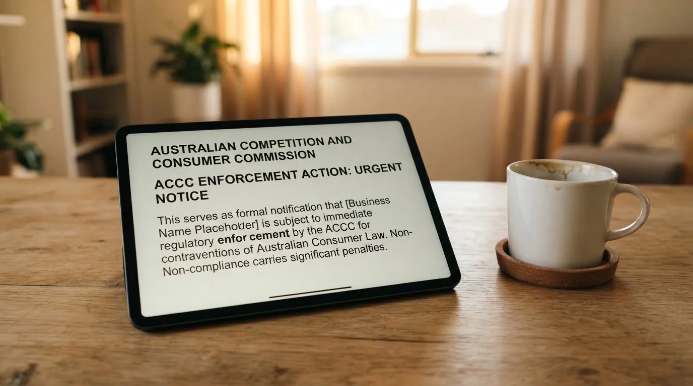 A tablet screen displaying an official regulator warning notice on a desk beside a coffee cup.
