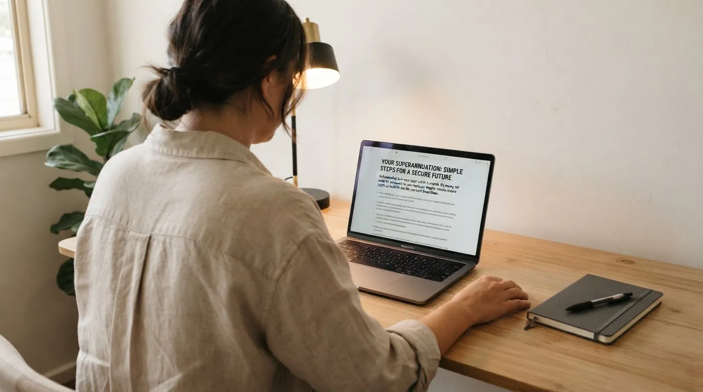 A person at a laptop reading a plain-language explainer article at a home desk.