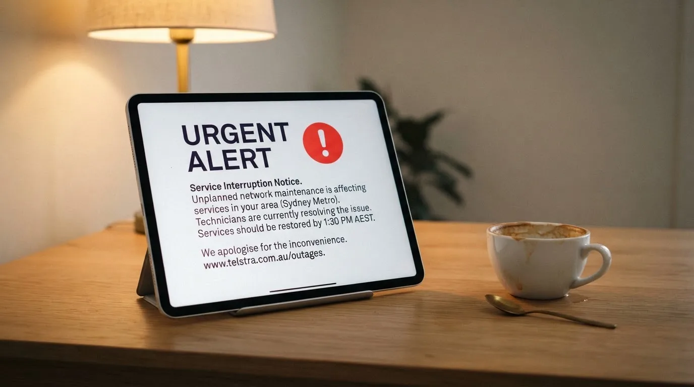 A tablet screen displaying an official regulator warning notice on a desk beside a coffee cup.