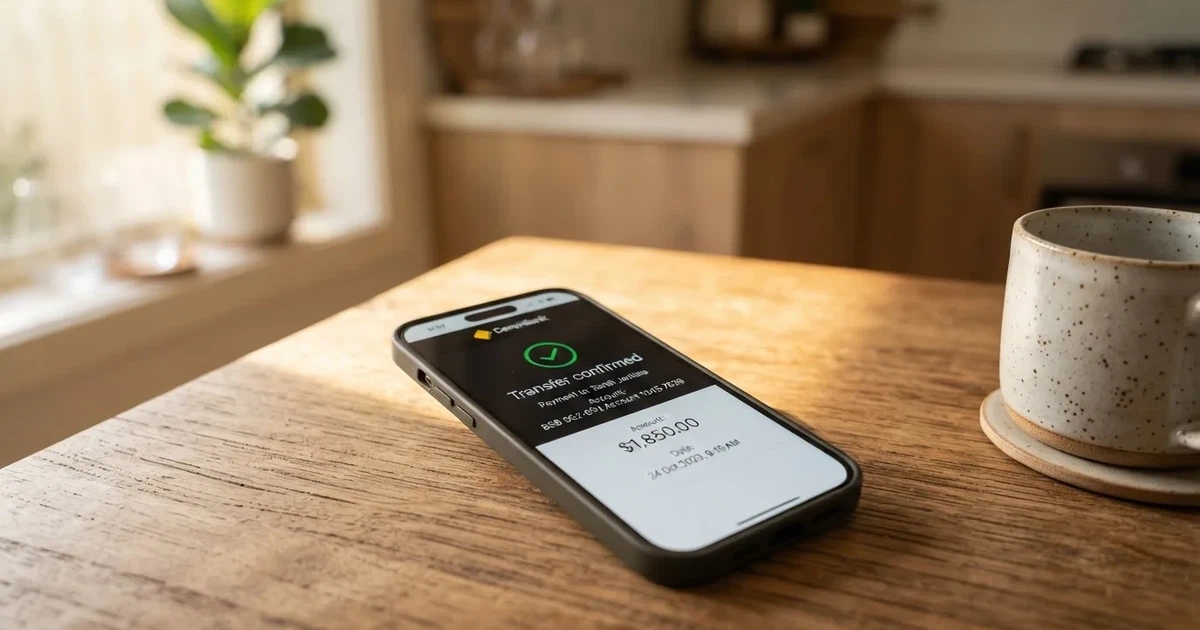 A close-up of a banking app on a smartphone showing a same-day transfer confirmation on a kitchen table.