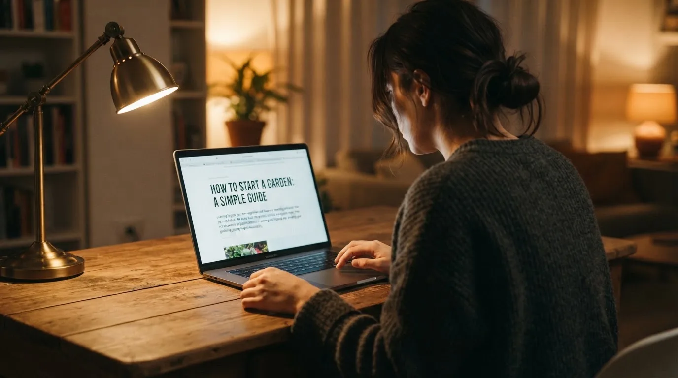 A person at a laptop reading a plain-language explainer article at a home desk.