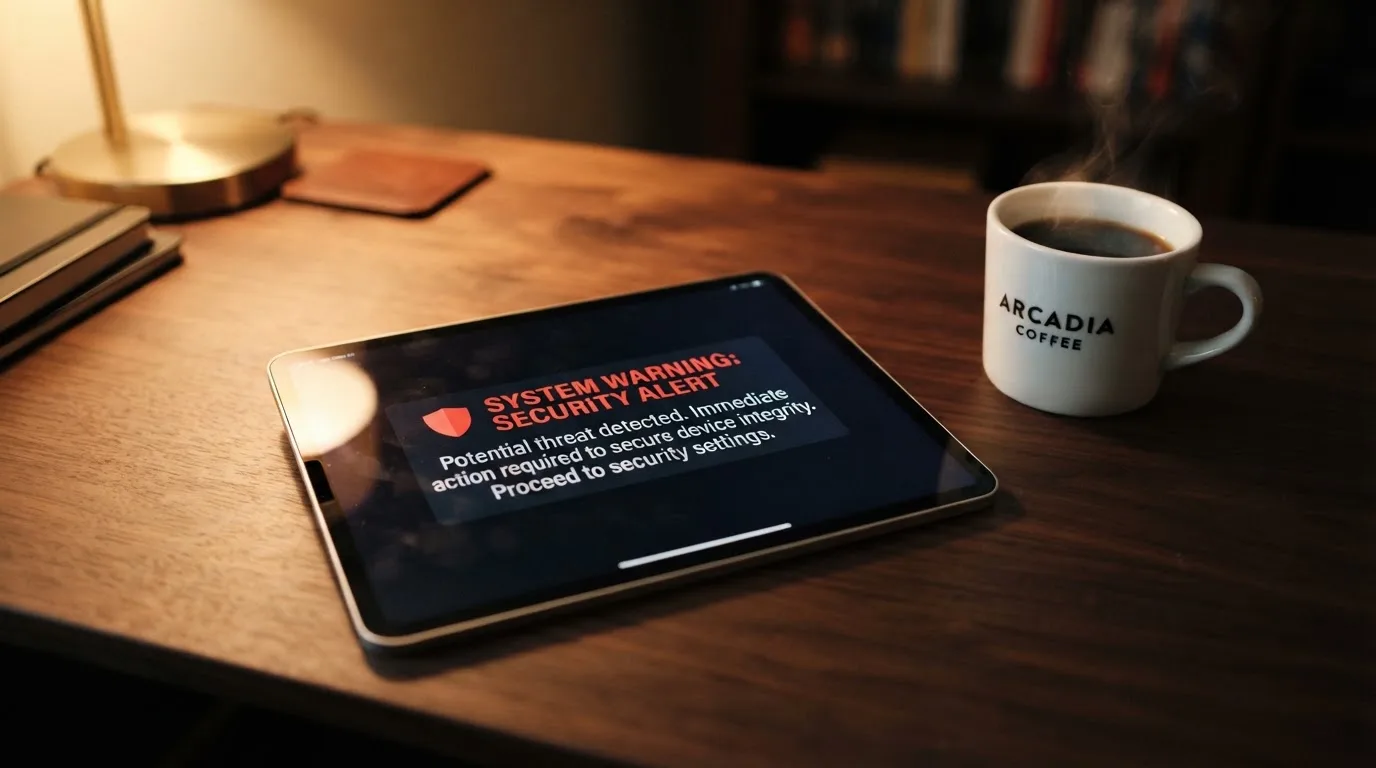 A tablet screen displaying an official regulator warning notice on a desk beside a coffee cup.