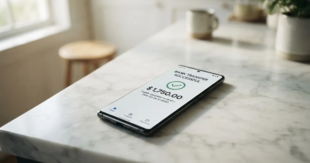 A close-up of a banking app on a smartphone showing a same-day transfer confirmation on a kitchen table.