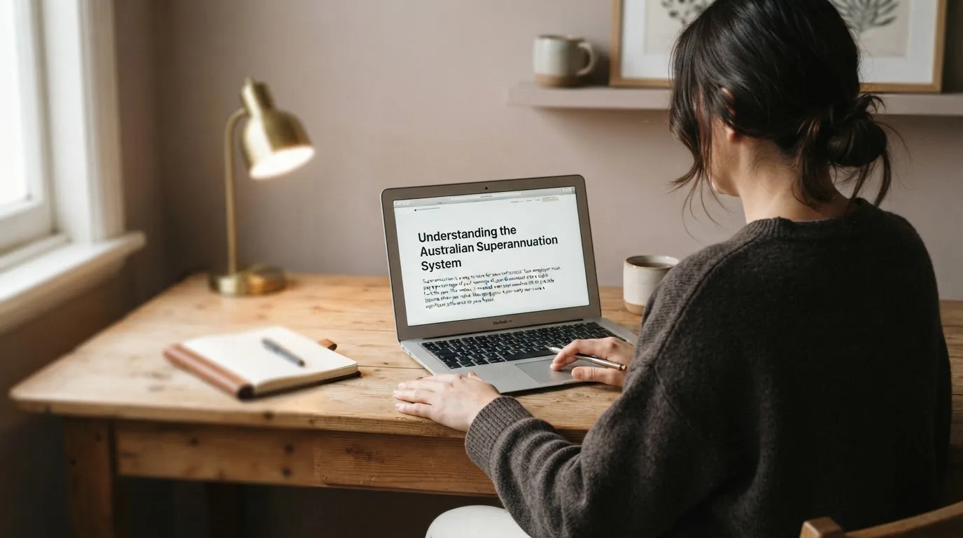 A person at a laptop reading a plain-language explainer article at a home desk.