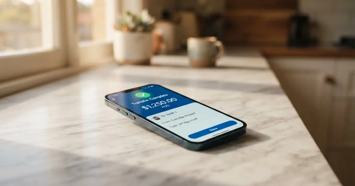 A close-up of a banking app on a smartphone showing a same-day transfer confirmation on a kitchen table.