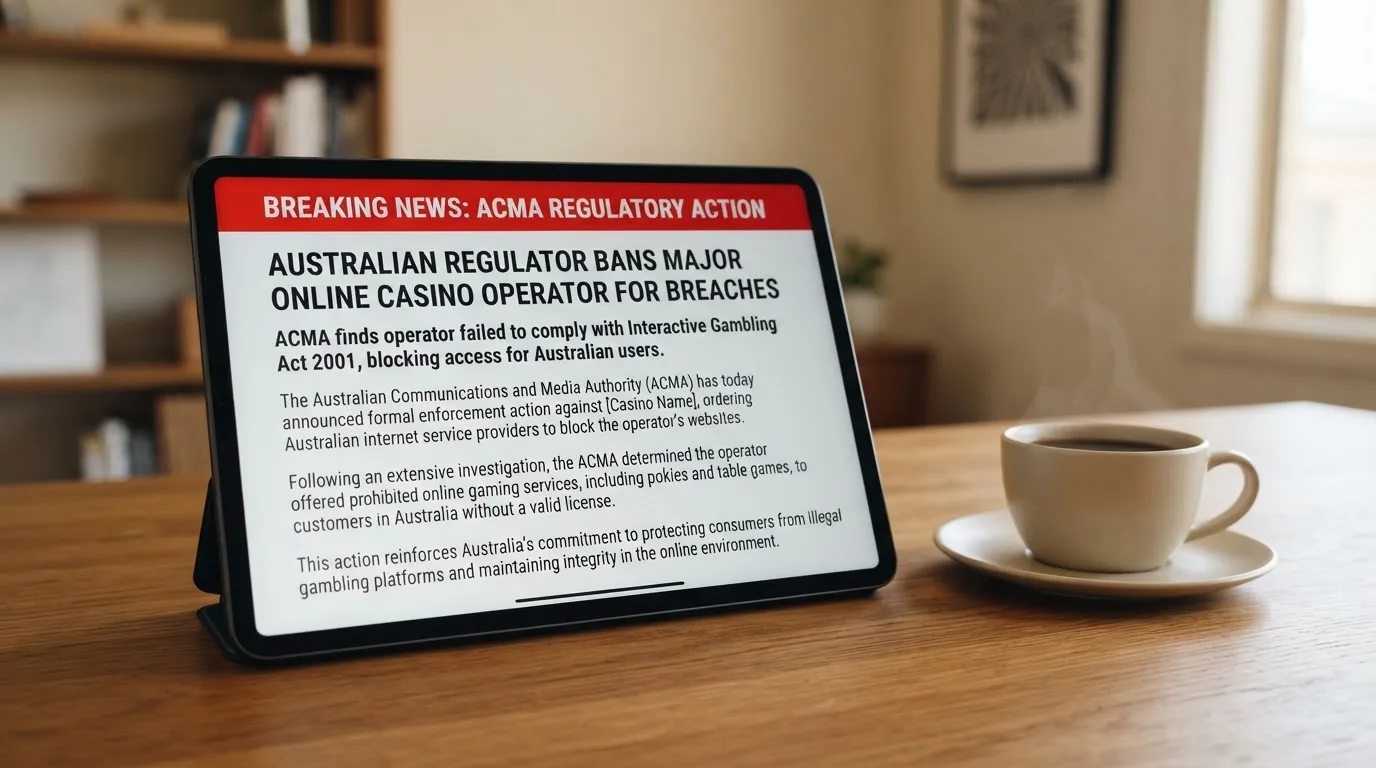 A tablet screen displaying an official regulator warning notice on a desk beside a coffee cup.