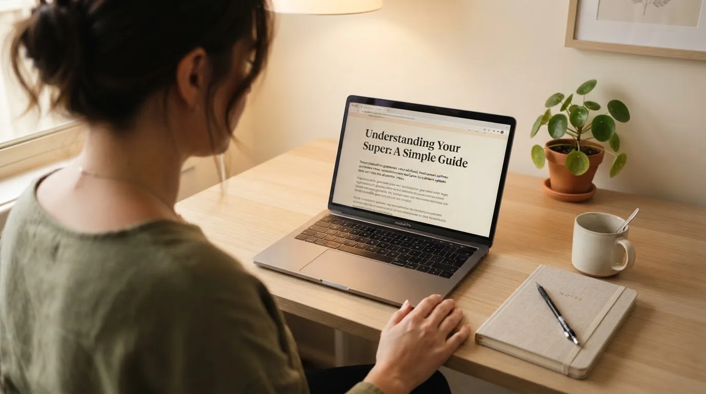 A person at a laptop reading a plain-language explainer article at a home desk.