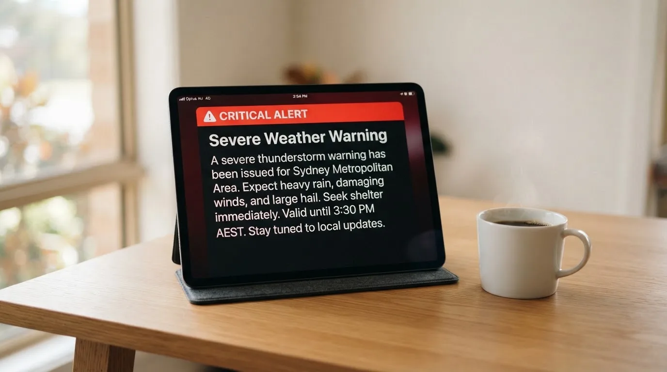 A tablet screen displaying an official regulator warning notice on a desk beside a coffee cup.