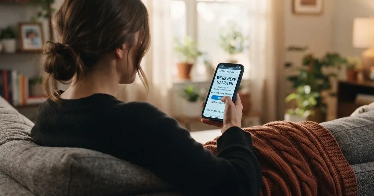 A person looking at a support helpline page on a phone while sitting on a couch.