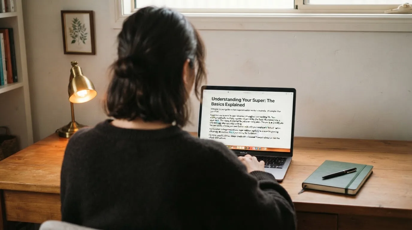 A person at a laptop reading a plain-language explainer article at a home desk.