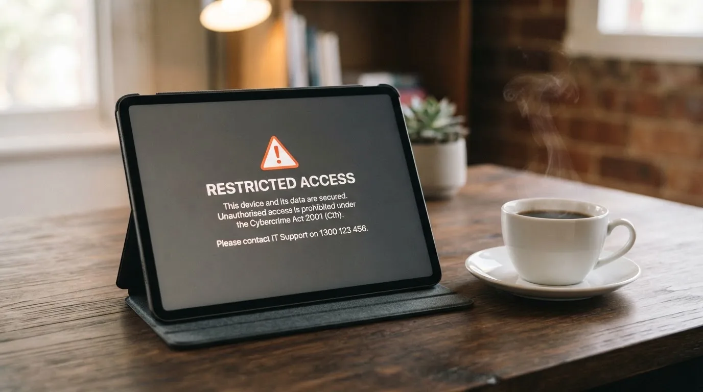 A tablet screen displaying an official regulator warning notice on a desk beside a coffee cup.