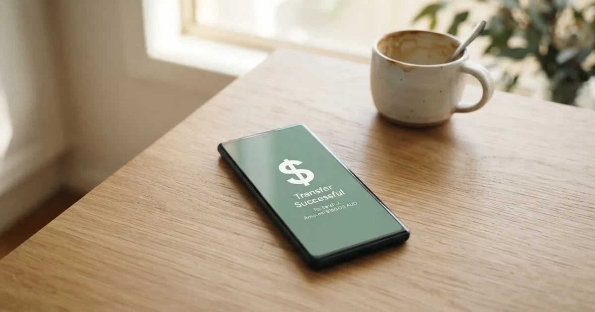 A close-up of a banking app on a smartphone showing a same-day transfer confirmation on a kitchen table.