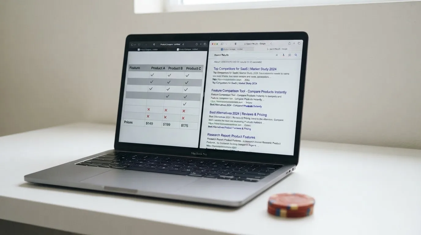 A laptop screen split between two browser tabs, one showing a comparison table and the other a search results page.