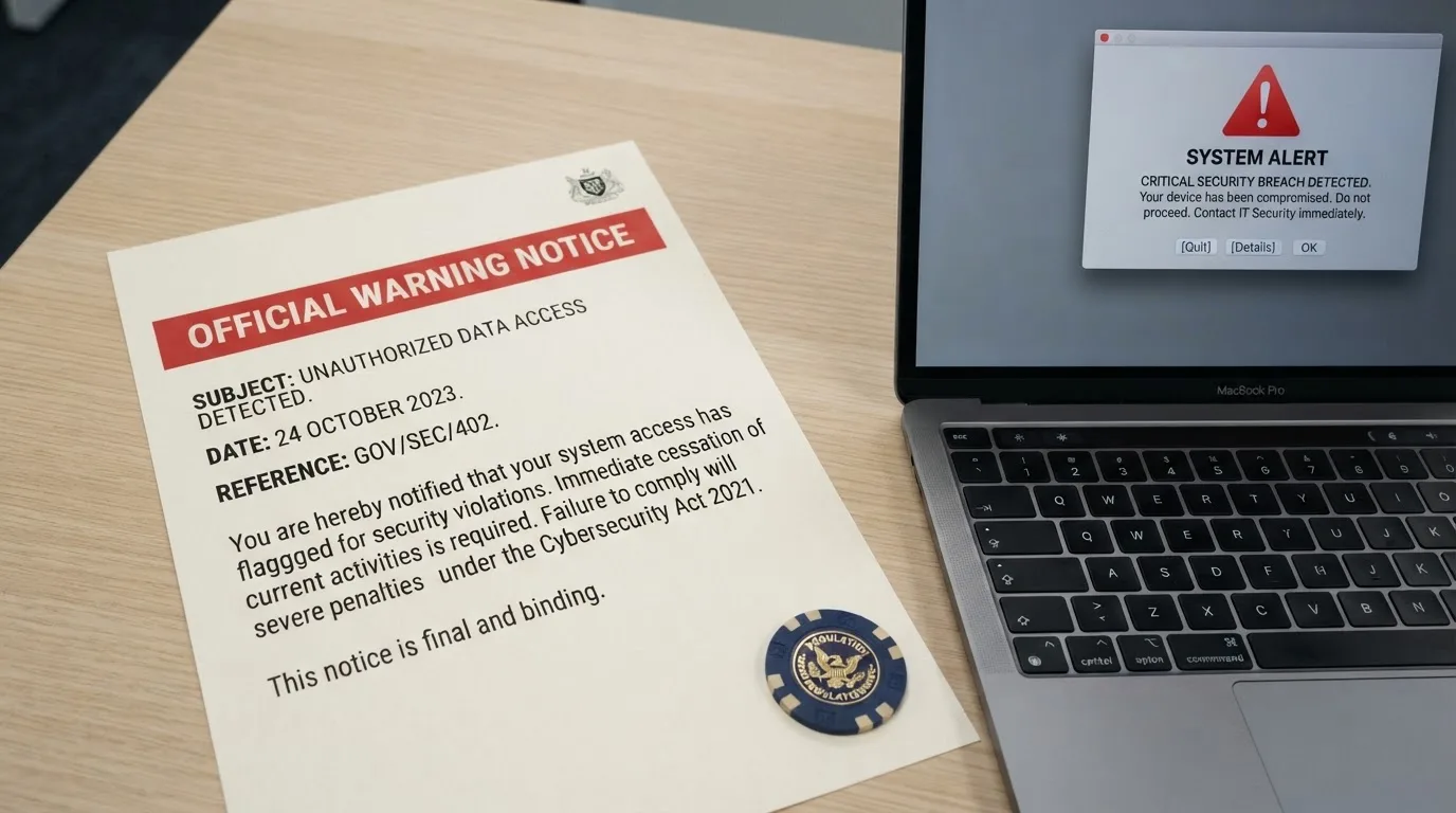 A printed government warning notice on a desk beside a laptop with a red alert icon on the screen.