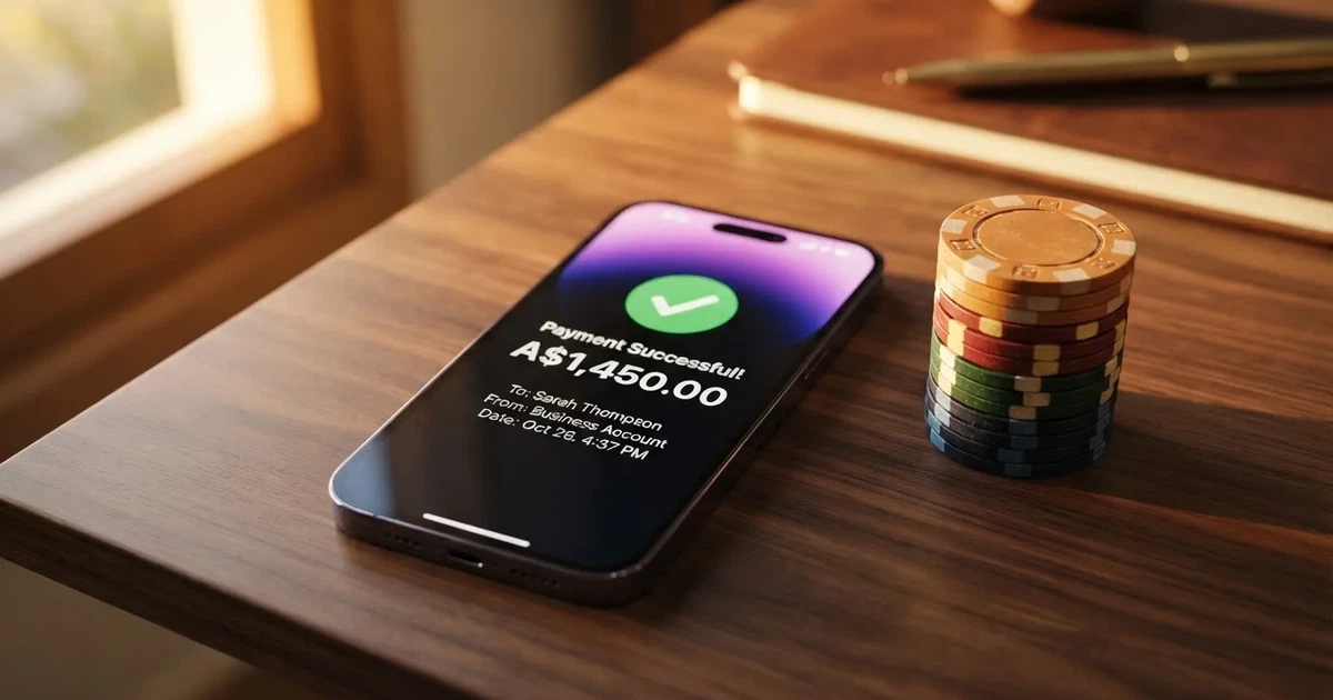A phone displaying a bank transfer confirmation screen next to a stack of Australian dollar notes.
