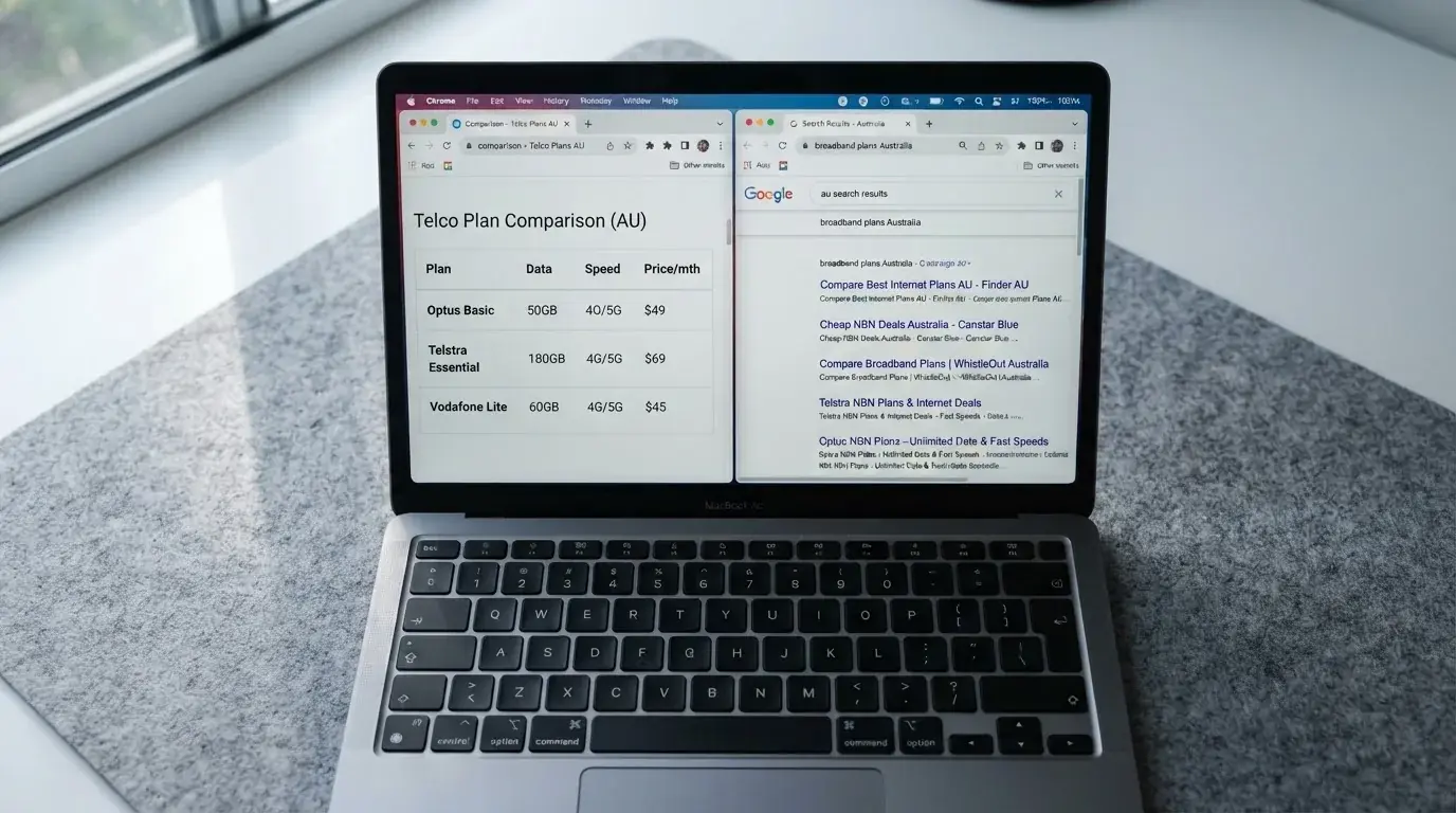 A laptop screen split between two browser tabs, one showing a comparison table and the other a search results page.