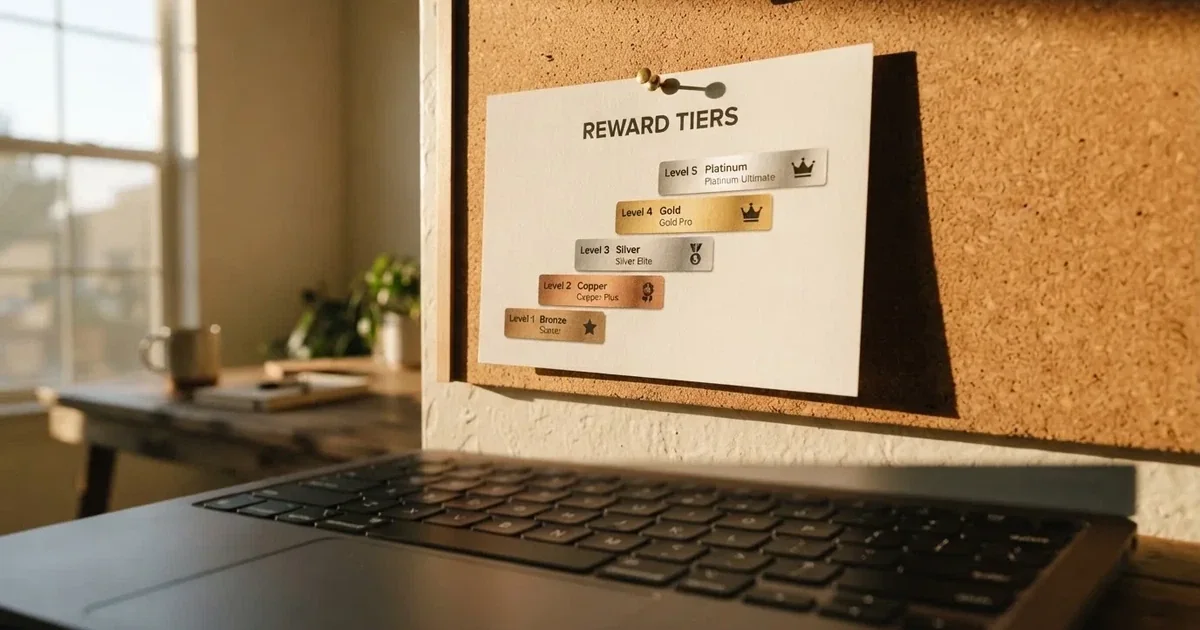 A gold-coloured tier chart pinned to a corkboard next to a laptop keyboard.