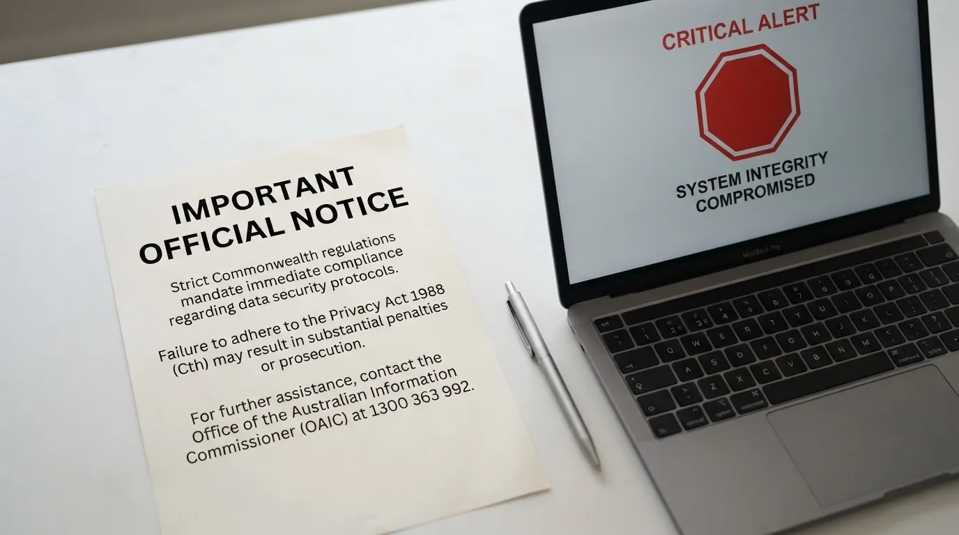 A printed government warning notice on a desk beside a laptop with a red alert icon on the screen.