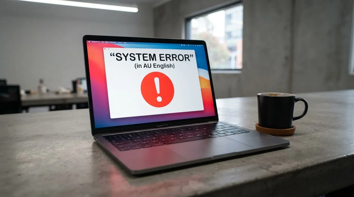 A printed government warning notice on a desk beside a laptop with a red alert icon on the screen.