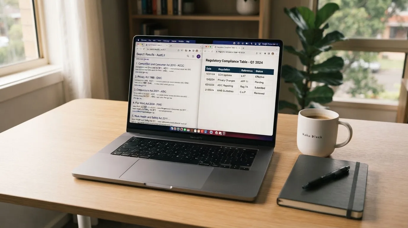 A laptop screen split between two browser tabs, one showing a comparison table and the other a search results page.
