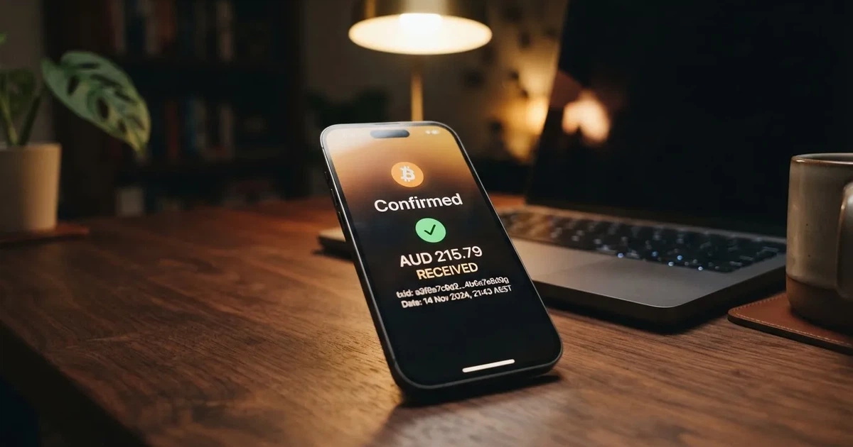 A phone displaying a blockchain transaction confirmation screen next to a laptop keyboard.