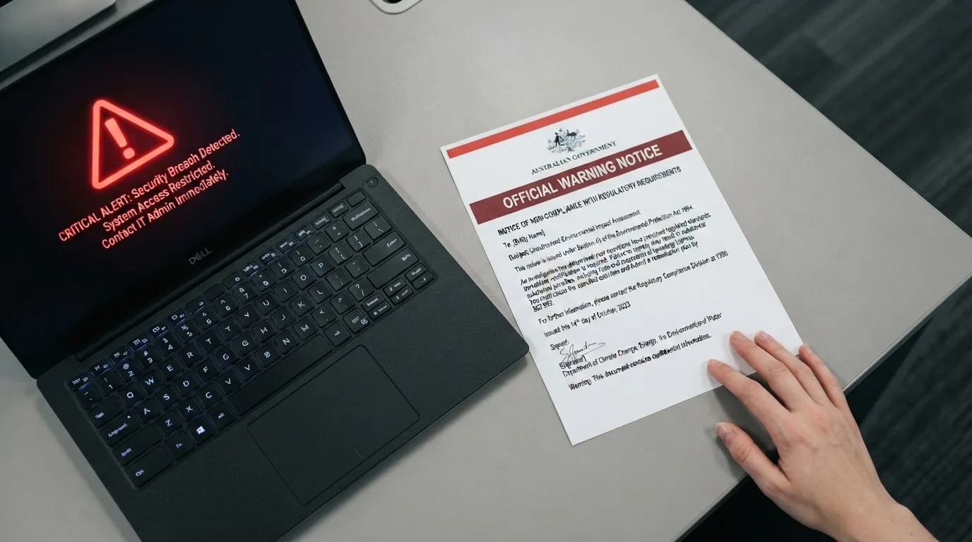 A printed government warning notice on a desk beside a laptop with a red alert icon on the screen.