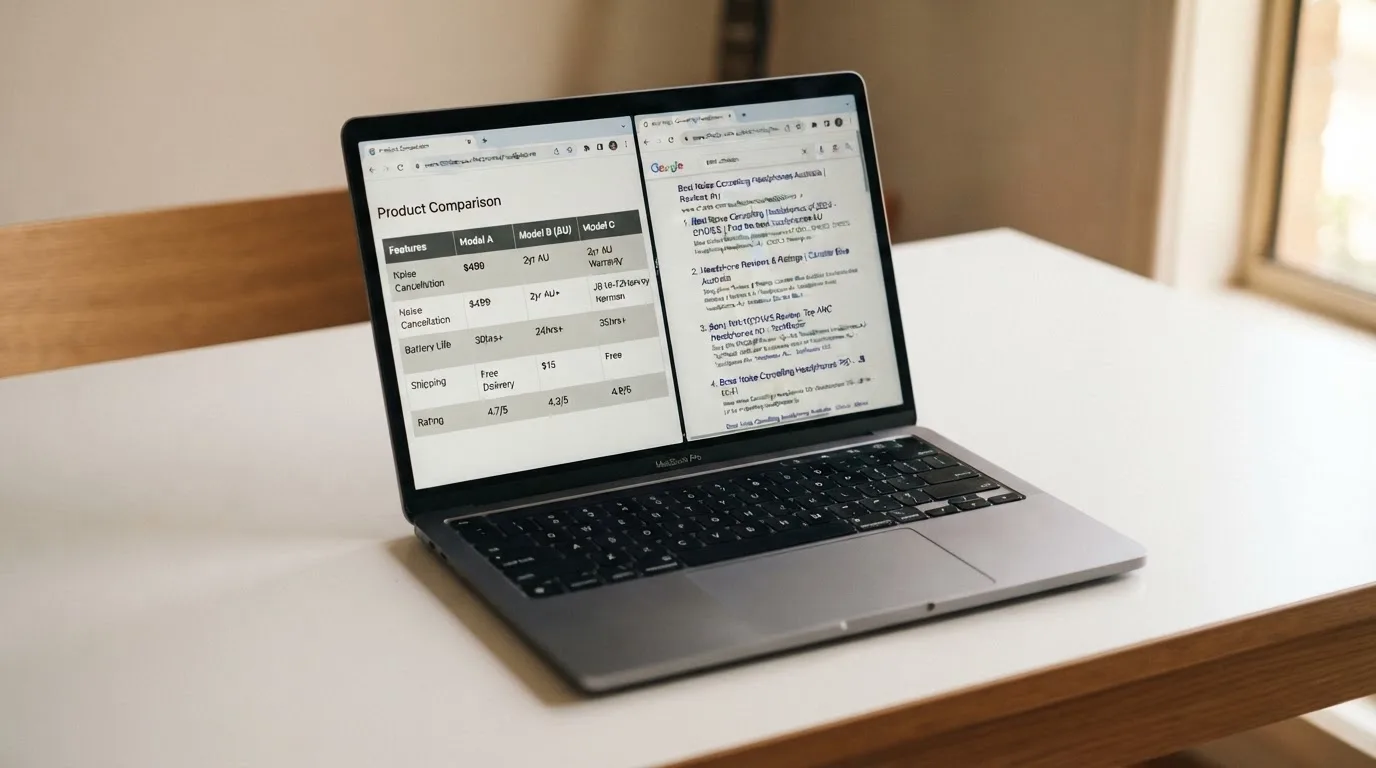 A laptop screen split between two browser tabs, one showing a comparison table and the other a search results page.