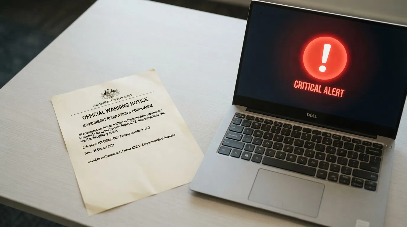 A printed government warning notice on a desk beside a laptop with a red alert icon on the screen.