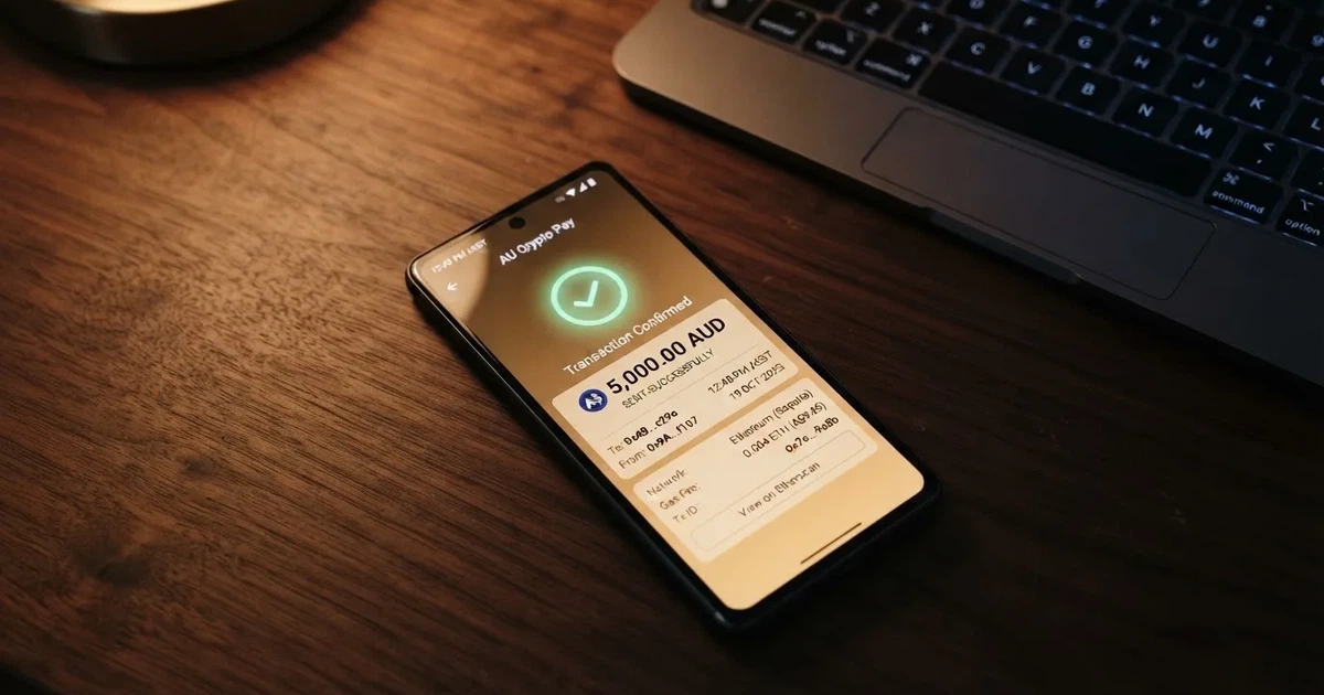 A phone displaying a blockchain transaction confirmation screen next to a laptop keyboard.