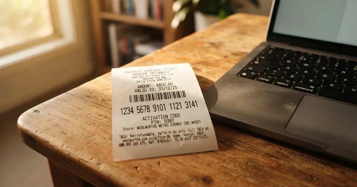 A printed prepaid voucher receipt lying beside a laptop keyboard.