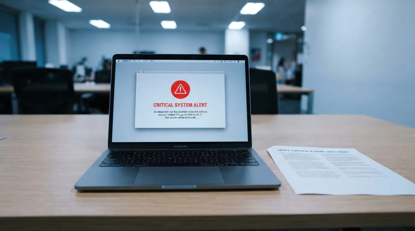 A printed government warning notice on a desk beside a laptop with a red alert icon on the screen.
