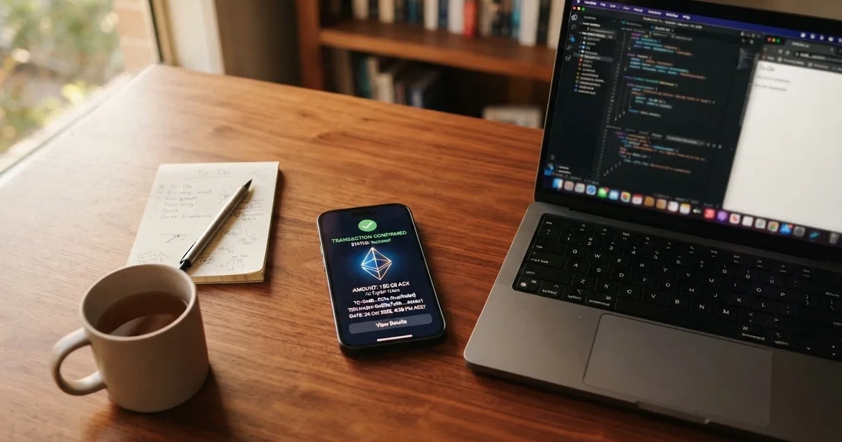 A phone displaying a blockchain transaction confirmation screen next to a laptop keyboard.