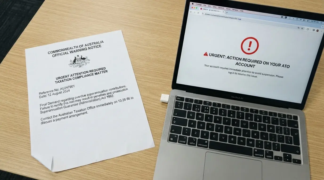 A printed government warning notice on a desk beside a laptop with a red alert icon on the screen.
