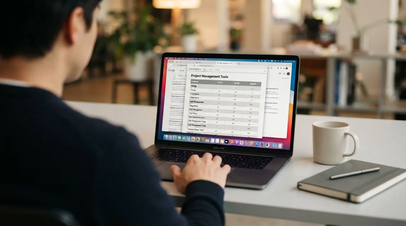A laptop screen split between two browser tabs, one showing a comparison table and the other a search results page.