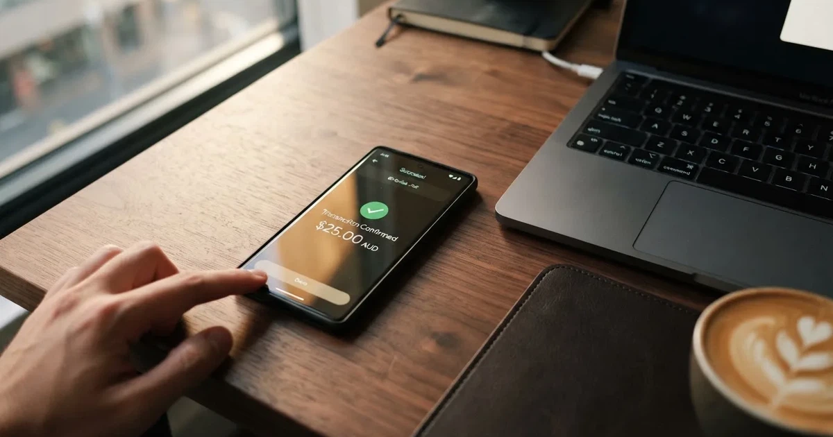 A phone displaying a blockchain transaction confirmation screen next to a laptop keyboard.